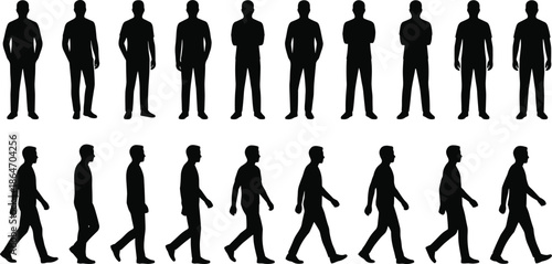 Male silhouettes standing and walking sequence, front and side view human poses, motion reference isolated on white background vector