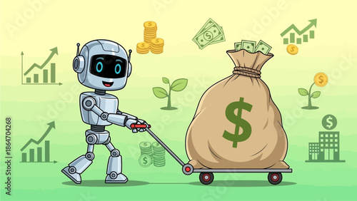 Vector illustration of a robot character pulling a giant money bag with a trolley, symbolizing big profit, financial success, wealth creation, making money, business growth, and prosperity