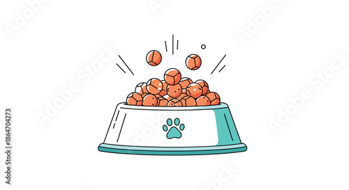 A playful cartoon depiction of a white pet bowl with a teal paw print, overflowing with orange bouncy balls, signifying pet happiness.