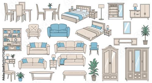 Comprehensive collection of home furniture line art icons including sofas beds tables and storage units for interior design.