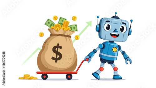 Vector illustration of a robot character pulling a giant money bag with a trolley, symbolizing big profit, financial success, wealth creation, making money, business growth, and prosperity