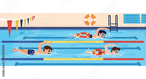 Cartoon illustration of children swimming and learning in a vibrant indoor pool, with some using flotation devices.