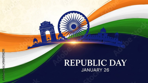 Republic day india january 26th indian flag colors blue wheel monument silhouette celebration with Patriotic and National Holiday and Independence