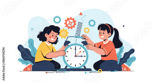 Happy young girls explore mechanics and engineering by assembling a large alarm clock with gears and springs.