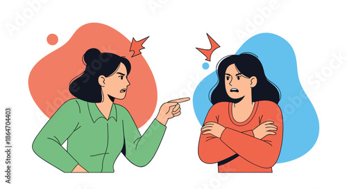 Two women in a heated argument, one aggressively pointing a finger while the other reacts defensively with crossed arms.