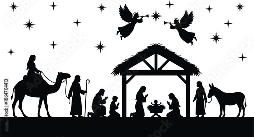Nativity scene silhouettes with Mary Joseph baby Jesus angels and animals, Christmas religious story illustration isolated on white background vector