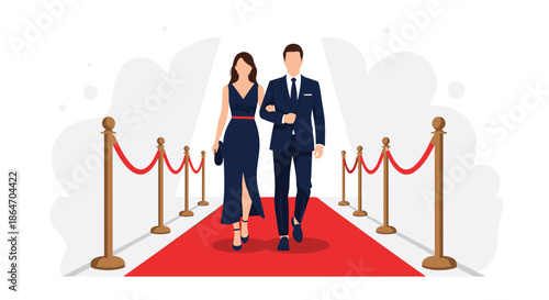 A man in a suit and a woman in an elegant gown walk arm-in-arm down a red carpet, representing a glamorous event.