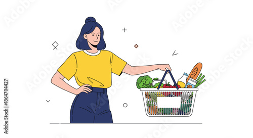 A young woman in a yellow shirt and blue pants holds a shopping basket filled with fresh groceries and food items.