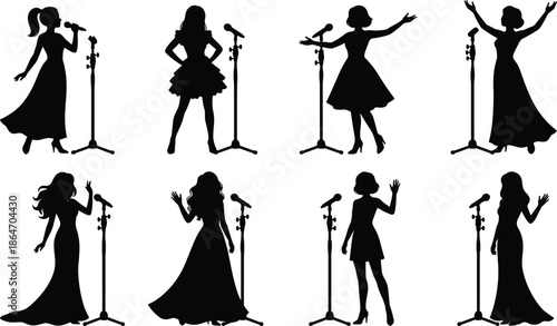 Female singer silhouettes performing on stage with microphone stands, elegant vocal poses, music concert performance isolated on white background