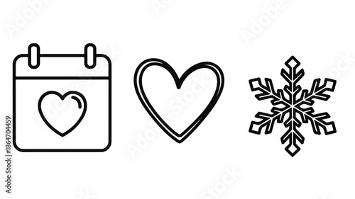 Line art illustration of a calendar with a heart, a heart shape, and a snowflake on a white background.