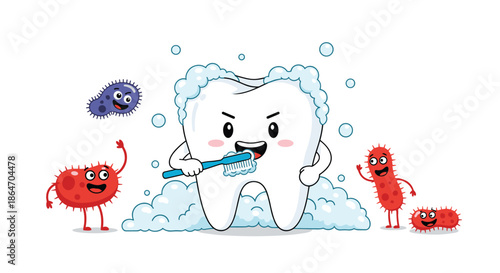 A determined cartoon tooth actively brushes itself with a toothbrush, surrounded by bubbles, as various cartoon germs watch.