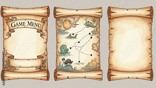 Watercolor parchment scroll, hand drawn manuscript papyrus paper, magic medieval vintage sheet roll. Empty antique game menu banner, document grunge torn edge, ancient pirate map. Parchment scroll set