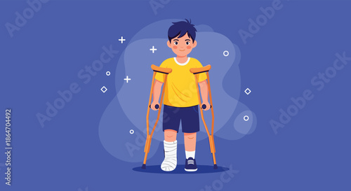 A cheerful young boy with a leg in a cast and crutches stands against a blue background.