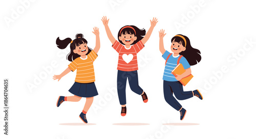 Three diverse young girls jump joyfully together, celebrating friendship and fun in a vibrant illustration perfect for themes of childhood happiness and education.