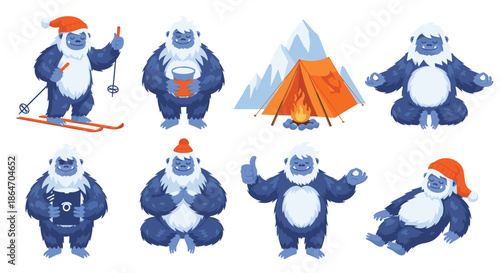 Funny yeti characters engaged in activities like skiing camping meditating and sleeping for winter and adventure themes.