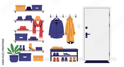 An organized home entryway featuring wall-mounted shelves with hats and storage boxes, coats hanging on hooks, a bench with shoes, and a closed door.
