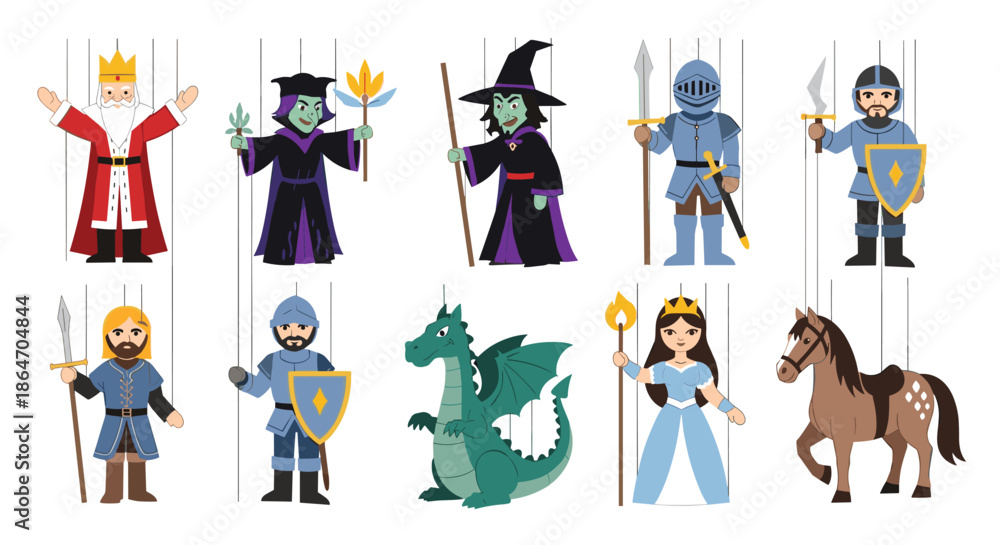 Naklejka premium Selection of puppet theater characters including a king witch knight dragon and princess for storytelling and children entertainment.