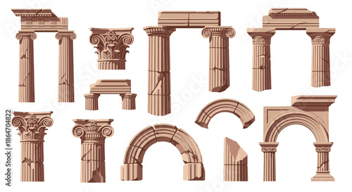 Collection of ancient architectural ruins including broken columns arches and pillars representing classical roman and greek styles.