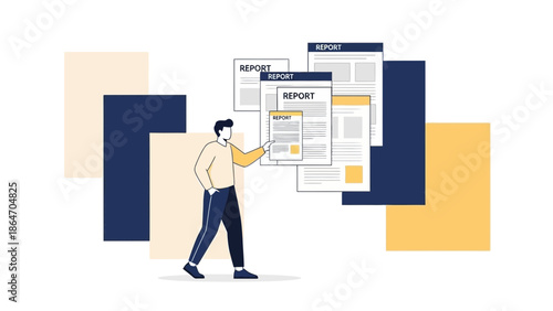 Businessperson Reviewing Multiple Reports and Documents in an Office Environment