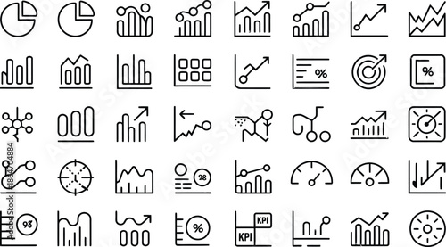 Collection of business and finance icons featuring various charts and graphs