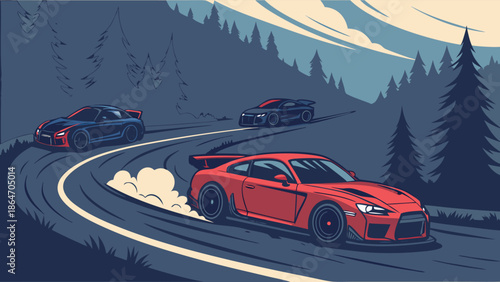 Vibrant vector art of powerful sports cars racing through a scenic mountain pass