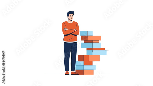 Young man analyzing a colorful bar graph for data interpretation and presentation