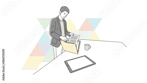 Young man analyzing documents and working with digital tablet in a modern office space