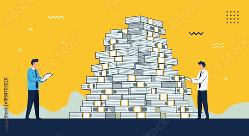 Businessmen analyze and manage a colossal stack of documents or money, illustrating the scale of financial and administrative tasks.