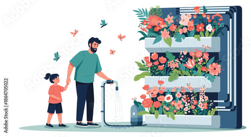 A loving father and his daughter bond while watering a vibrant vertical garden filled with beautiful blooming flowers and playful butterflies.