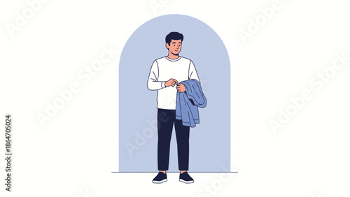 Young man adjusting his jacket and standing in front of a minimalist background