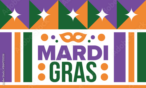 Mardi Gras Carnival in New Orleans. Fat Tuesday. Traditional holiday, celebration annual. Folk festival, costume masquerade, fun party. Carnival mask. Poster, card, banner and background. Vector