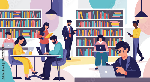 Diverse individuals studying and working with laptops and books in a modern library or co-working space.