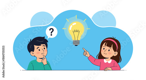 Boy and girl characters with thinking bubbles and a glowing light bulb representing ideas problem solving and creativity.