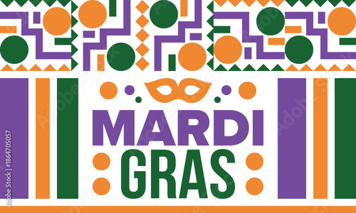 Mardi Gras Carnival in New Orleans. Fat Tuesday. Traditional holiday, celebration annual. Folk festival, costume masquerade, fun party. Carnival mask. Poster, card, banner and background. Vector