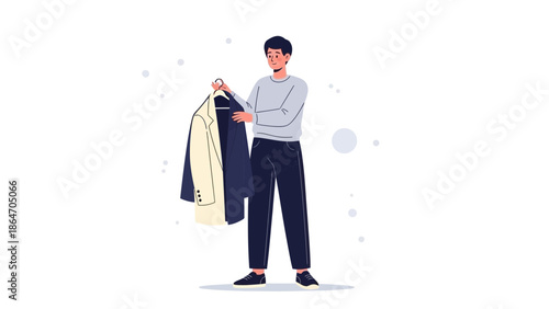 Young man choosing stylish overcoat for winter fashion laundry shopping