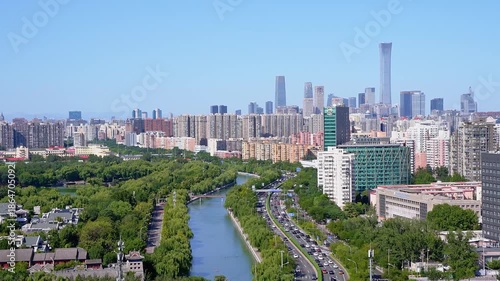High angle view of the city skyline from the Guomao CBD in Zuo'anmen, Beijing, China