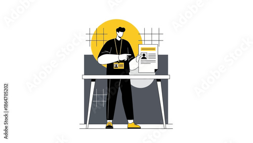 Modern Illustration of a Young Professional Working at a Desk with Digital Devices and Documents