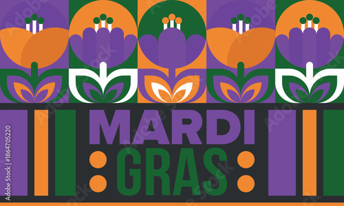 Mardi Gras Carnival in New Orleans. Fat Tuesday. Traditional holiday, celebration annual. Folk festival, costume masquerade, fun party. Carnival mask. Poster, card, banner and background. Vector