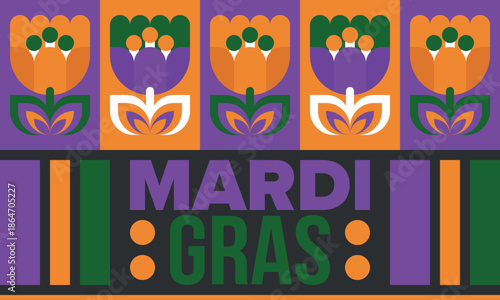 Mardi Gras Carnival in New Orleans. Fat Tuesday. Traditional holiday, celebration annual. Folk festival, costume masquerade, fun party. Carnival mask. Poster, card, banner and background. Vector