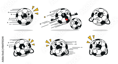 Collection of expressive cartoon soccer balls depicting a range of emotions and movements, perfect for sports-themed designs and animations.