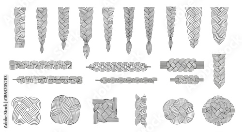 Detailed hand drawn patterns of various hair braids and knots for salon and hairstyling design inspiration in black and white.
