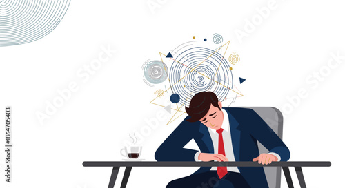 Exhausted businessman suffering from work burnout and mental stress, surrounded by abstract thoughts and complex problems at his desk.