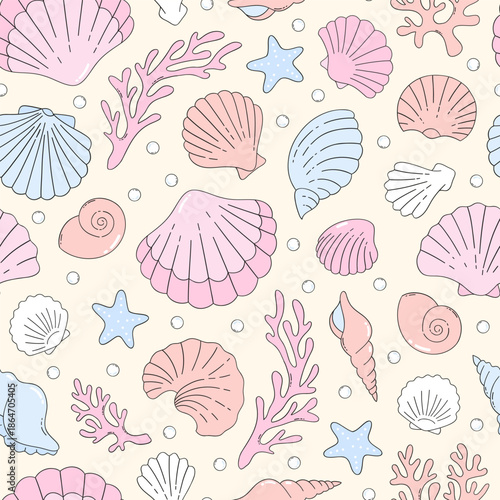 Seamless Pastel Seashell Pattern with Starfish Coral and Pearls Cute Coquette Ocean Background for Fabric Wallpaper and Packaging