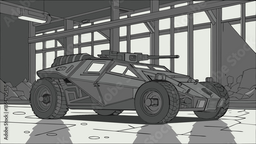 Detailed line art illustration of a futuristic armored military vehicle in an abandoned warehouse