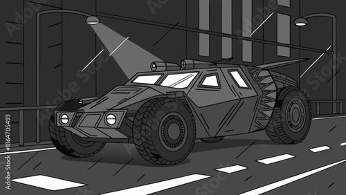 Dynamic illustration of a sleek crime fighting car on a rain soaked city street