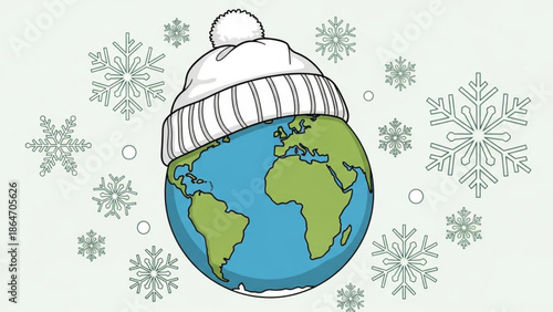 Planet Earth wearing a winter hat amidst falling snowflakes representing cold weather and global climate change isolated on a light background