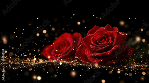 Red rose and red rosebud with glittering gold bokeh and sparkling particles on black background, romantic elegant floral composition with dew drops and soft dramatic lighting