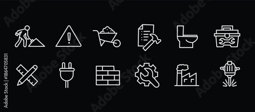Construction icon set. Containing labor, crane, engineering, equipment, helmet, tool, builder, labour day, renovation architecture, plumbing and more. Editable line icons. Vector illustration.