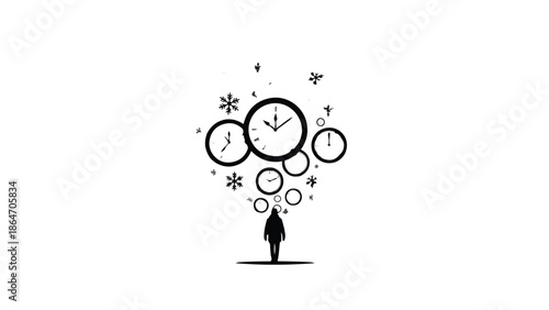Abstract illustration of a person with clocks and snowflakes emerging from their head, symbolizing thoughts of time and winter.