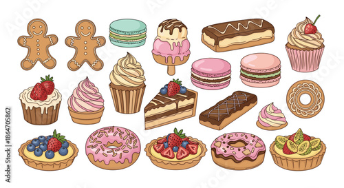 Delicious variety of sweet treats including cupcakes donuts macarons gingerbread men and fruit tarts for bakery themes.